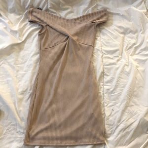 Tan body con off the shoulder dress. great for clubbing or a semi formal